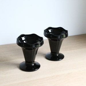 2 French vintage 80s black glass sundae, ice cream or parfait dishes made by Luminarc Arcoroc