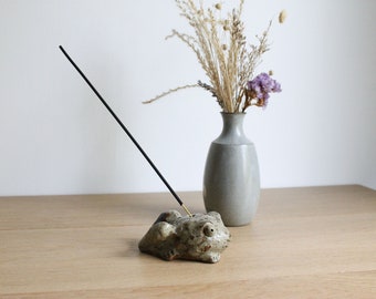 Vintage stoneware studio pottery frog, rustic signed handmade incense stick holder