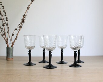 6 French vintage 80s Luminarc cordial, liqueur or port glasses, swirl glass and black stem