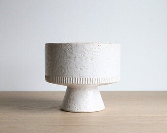 Vintage handmade stoneware pottery pedestal bowl, vase or pillar candle holder from a French flea market