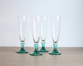 4 vintage Italian textured champagne flutes with a green glass stem