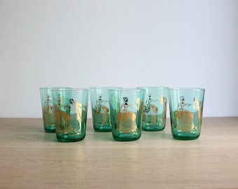 6 vintage emerald green glass tumblers with a gilded courting couple decor