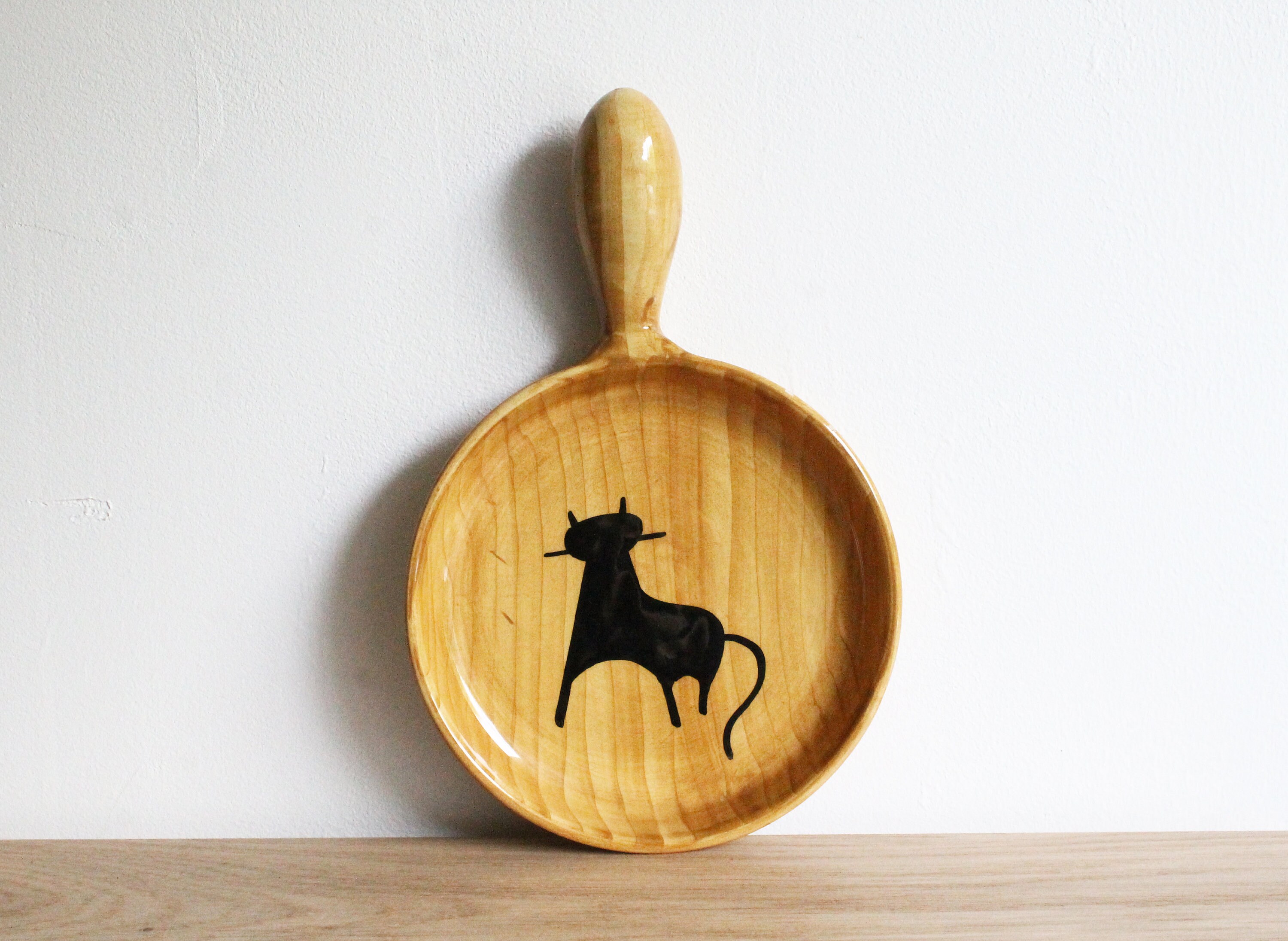 Français Petit Bol Plat en Faux Bois Poterie Des Années 1960 Décoré d'un Chat, Par Grandjean-Jourdan