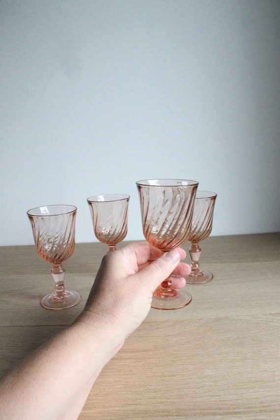 4 French Vintage 70s Luminarc Small Wine Glasses, Rosaline White