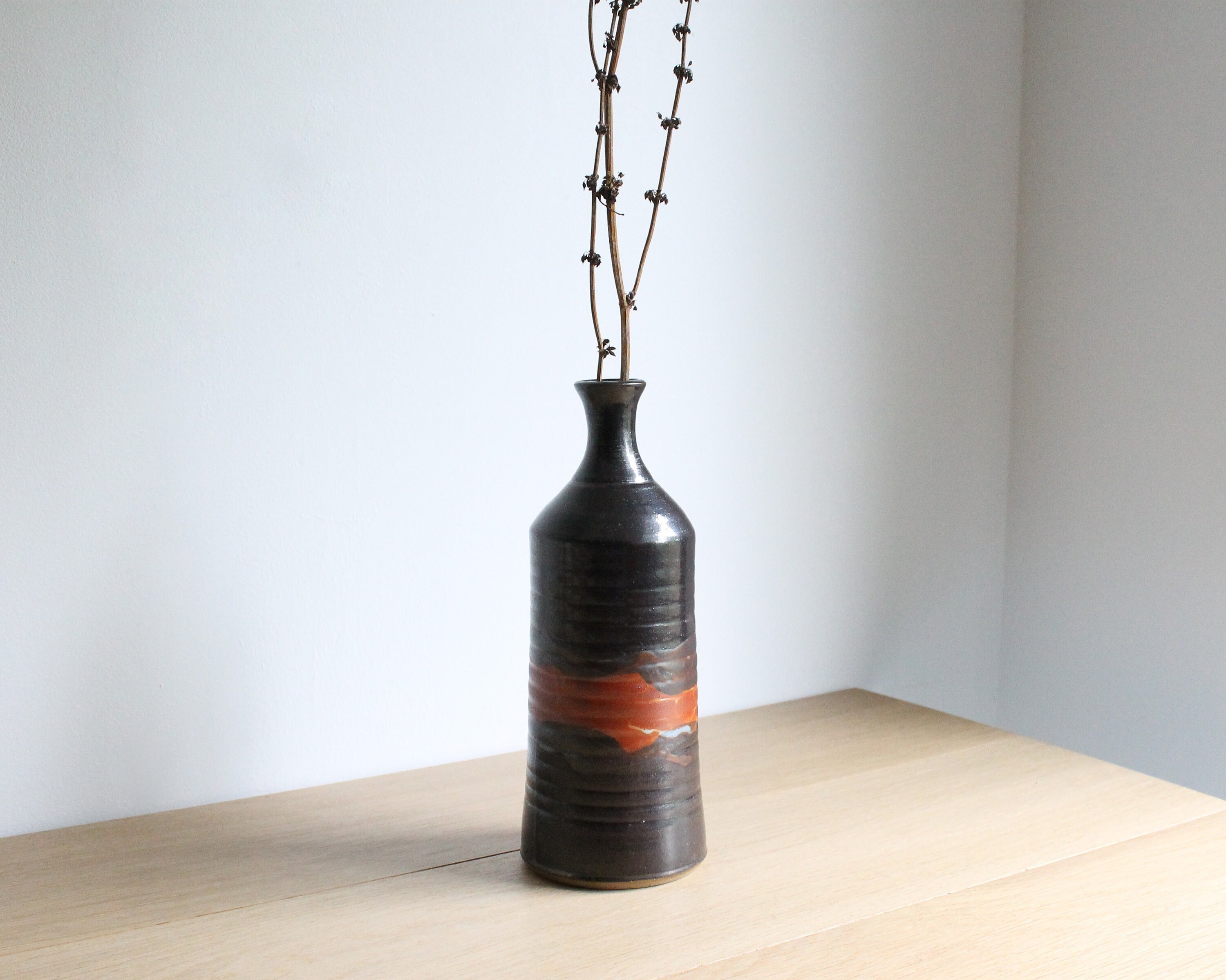 Vintage French Stoneware Pottery Bottle Vase Rustic Modern Decor