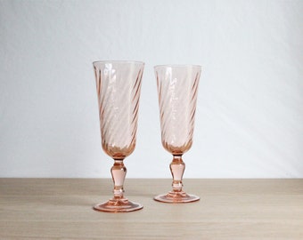 2 French vintage 70s Luminarc champagne flutes, Rosaline blush pink swirl glass