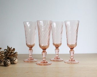 4 French vintage 70s Luminarc champagne flutes, Rosaline blush pink swirl glass