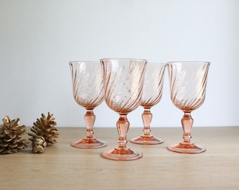 4 French vintage 70s Luminarc water or large wine glasses, Rosaline water goblets, blush pink swirl glass