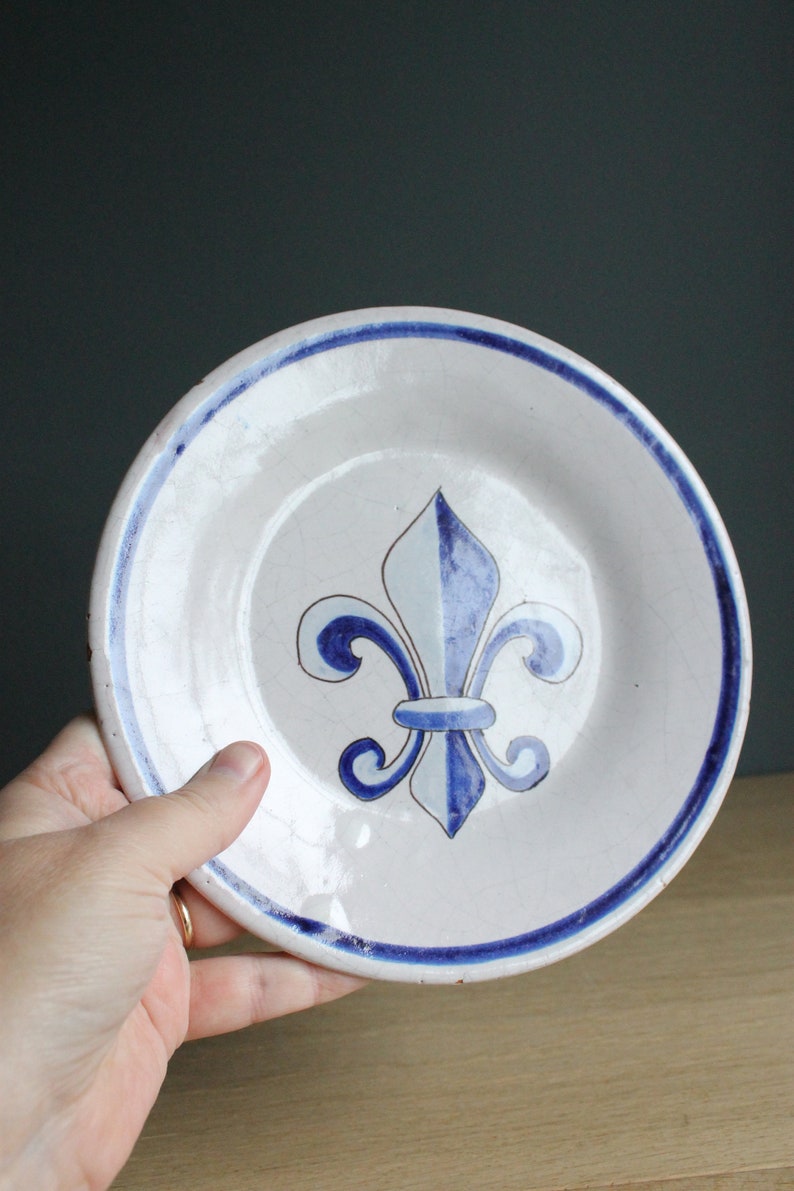 Small antique Malicorne decorative plate, POUPLARD-BEATRIX PBx with handpainted fleur de lis decor, French country decor image 3