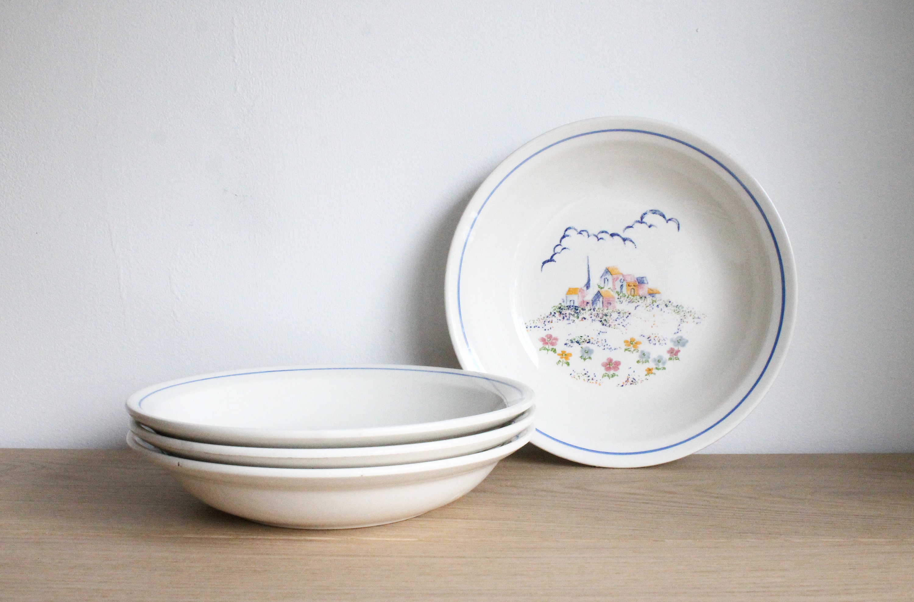 Lot de 4 Français Assiettes Profondes Vintage ou Bols à Soupe Au Décor Rustique, Par Moulin Des Loup