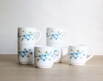 Vintage Arcopal Espresso Cups: Veronica Blue Floral Decor, Set of 6