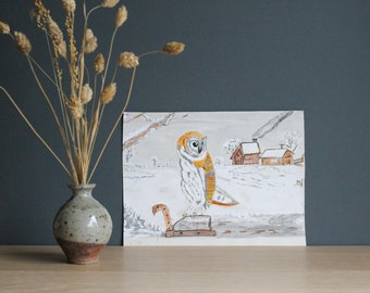 Small vintage gouache painting of an owl in a snowy countryside, original done on paper, sold unframed