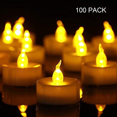 100-pack Battery Tea Lights Bulk, Flameless Flickering Tea Candles,  Long-lasting Battery Life, Amber Yellow 