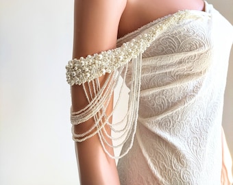 Pearly Draped Bridal Shoulder Jewelry, Wedding Dress Accessory, Crystal Beads Jewelry ( a pair )