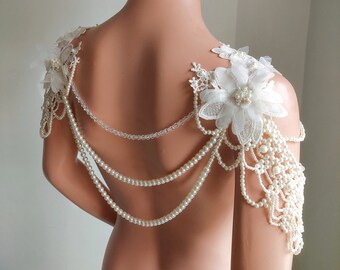 Off  White Boho Wedding Pearly Shoulder Jewelry, Bridal Wedding Accessory, Handmade Jewelry, Country Wedding Shoulder Necklace