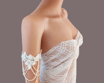 Floral Lace Arm Cuffs: Boho Wedding Pearl Beads & Sequins Jewelry, Bridal Gown Accessories ( a pair )