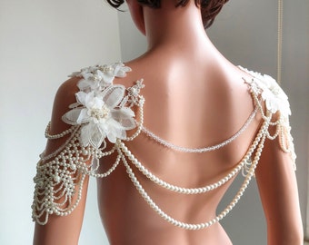 Boho Wedding Pearly Shoulder Jewelry, Bridal Wedding Accessory, Handmade Jewelry, Country Wedding Shoulder Necklace