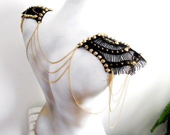 Epaulette Shoulder Black Leather Chain Handmade Jewelry Embellishment with Gold Spyked/ FREE SHIPPING