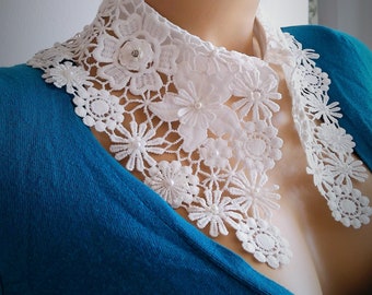 BUY 1 GET 1 FREE ! Beads Floral White Peter Pan Handmade Lace Collars, Oversize Detachable 3D Floral Lace Woman's Accessory