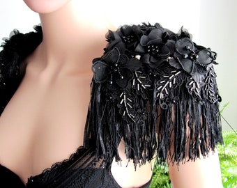 Fringe Shoulder Epaulettes, Handmade  Black Jewelry, Costume Shoulder Accessory, Floral Beaded Shoulder Necklace/ FREE SHIPPING