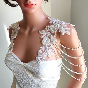 Bridal Gown Shoulder Necklace, Pearly Handmade Roses Lace Shoulder Jewelry, Detachable Lace Jewelry/ FREE SHIPPING image 4