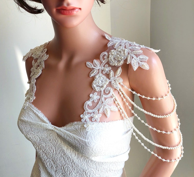 Bridal Gown Shoulder Necklace, Pearly Handmade Roses Lace Shoulder Jewelry, Detachable Lace Jewelry/ FREE SHIPPING image 4