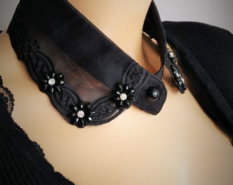 BUY 1 GET 1 FREE ! Black Organza Tulle Detachable Collar Embellishment With Crystal Stones and Beaded, Sister Gifts Ideas