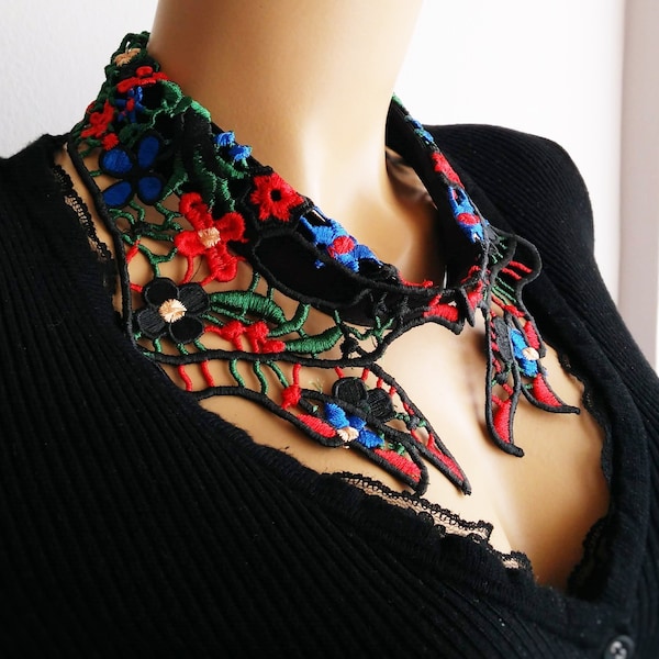 Multi Colors Floral Embroidery Detachable Lace Collars, Women's Accessory, Handmade Embroidery Collars/ FREE SHIPPING