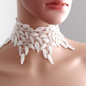 Bridal Shower White Leaves Lace Handmade Choker Embellishment with Tiny Pearls and Beads/ FREE SHIPPING