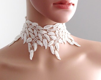 Bridal Shower White Leaves Lace Handmade Choker Embellishment with Tiny Pearls and Beads/ FREE SHIPPING