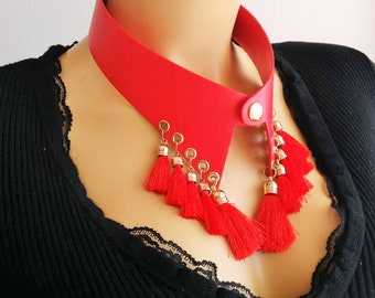 BUY 1 GET 1 FREE ! Red Fake Leather Harness  Collar, Sexy Costume Detachable Tassels Faux Leather Collar, Harness Jewelry Costume Accessory