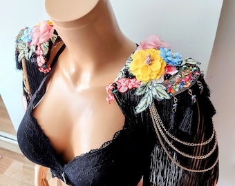 Spring Festival Epaulette 3D Floral Embroidery Fringed , Costume Shoulder Accessories , Shoulder Floral Lace Necklace, Handmade Jewelry