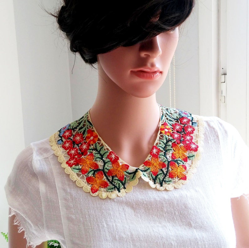 BUY 1 GET 1 FREE Emboridery Colorful Flowers Lace Detachable Collar, Woman Neck Accessory, Handmade Boho Collar image 2