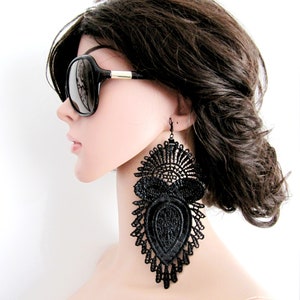 Oversized Transparent Lightweight Black Tulle Embroidery Lace Handmade Jewelry, Scream Pumpkins Oversize Earrings/ FREE SHIPPING