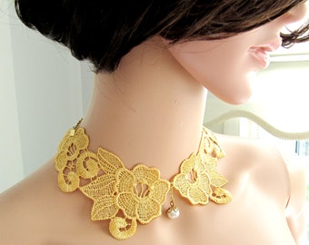BUY 1 GET 1 FREE ! Mustard Color Flower Lace Handmade Chokers with dangle Pearl