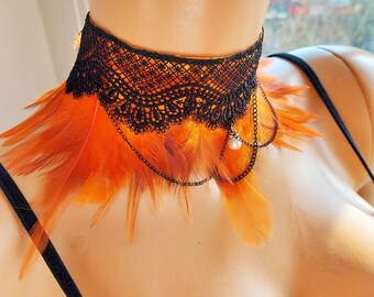 Festival Orange Feathers with Black Floral Lace Dangle Pearl Black Chain High Collar, Costume Feather Chokers