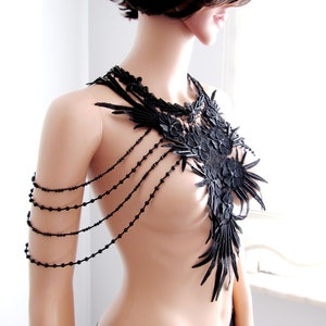 Black Floral Shoulder Body Necklace , Handmade Lace Jewelry, Wedding Dress Accessories, Pipe Beaded Jewelry/ FREE SHIPPING image 2