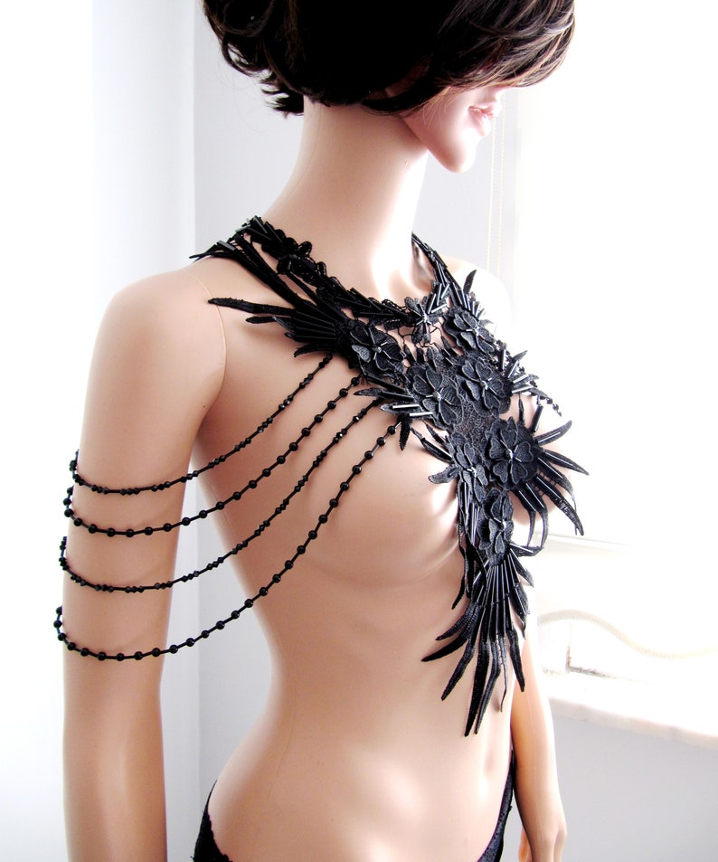 Black Floral Shoulder Body Necklace , Handmade Lace Jewelry, Wedding Dress Accessories, Pipe Beaded Jewelry/ FREE SHIPPING image 2