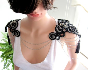 Unique Shoulder Chain Necklace, Handmade Jewelry, Rhinestones Black Chain Accessory, Shoulder Chain Epaulettes/ FREE SHIPPING