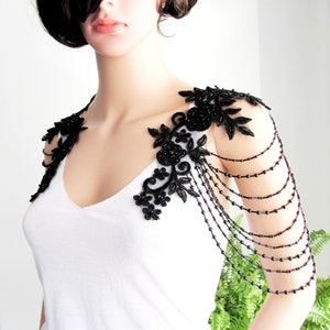 Floral Black Shoulder Necklace, Beaded Handmade Lace Shoulder Jewelry, Detachable Lace Jewelry/ FREE SHIPPING image 2
