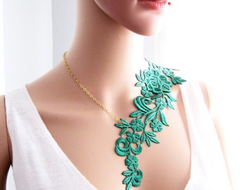 BUY 1 GET 1 FREE ! Lovely Green Rose Lace Asymmetrical Necklace, Handmade Lace Jewelry, Best Mom Gifts Ideas