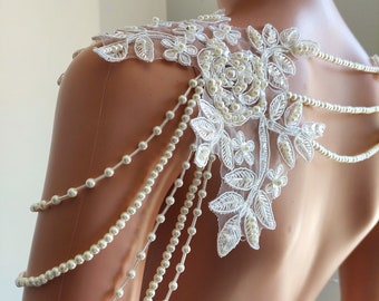 Bridal Shoulder Necklace: Pearly Lace Roses, Detachable Wedding Jewelry, Wedding Dress Accessory