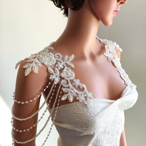 Bridal Gown Shoulder Necklace, Pearly Handmade Roses Lace Shoulder Jewelry, Detachable Lace Jewelry/ FREE SHIPPING image 3