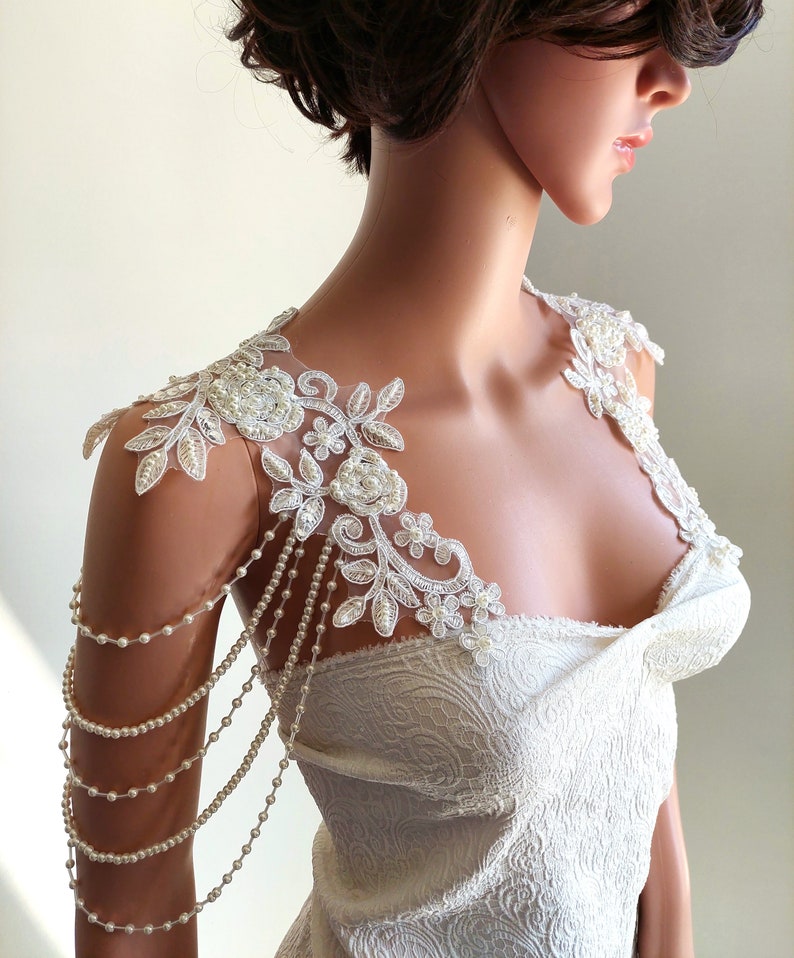 Bridal Gown Shoulder Necklace, Pearly Handmade Roses Lace Shoulder Jewelry, Detachable Lace Jewelry/ FREE SHIPPING image 3