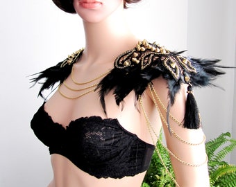 Gold Spyked Halloween Feather Shoulder Chain Epaulettes, Black Leather Applique Jewelry, Tassel Chains Necklace / FREE SHIPPING