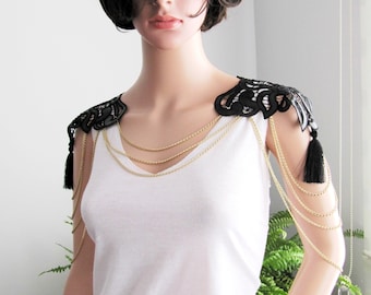 Shoulder Chain Epaulettes Black Leather Applique Handmade Jewelry, Dangle Tassel Chains Shoulder Necklace/ FREE SHIPPING