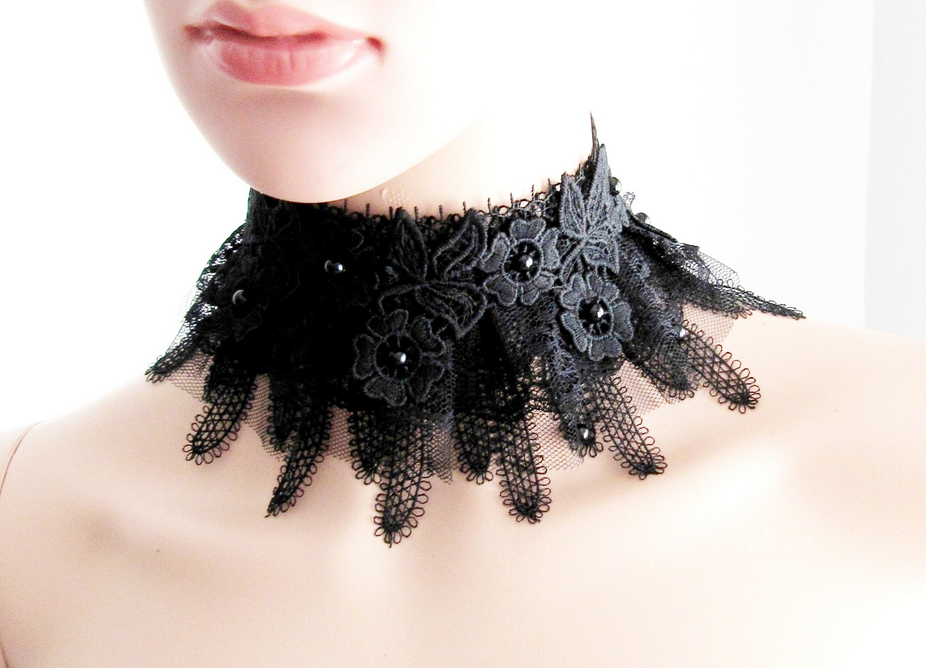Ruffled Tulle Beaded Black Floral Tulle Choker Embellishment - Etsy