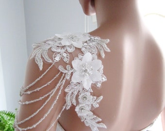 Beaded Floral Shoulder Necklace: Asymmetrical Bridal Gown Accessory, Wedding Dress Jewelry