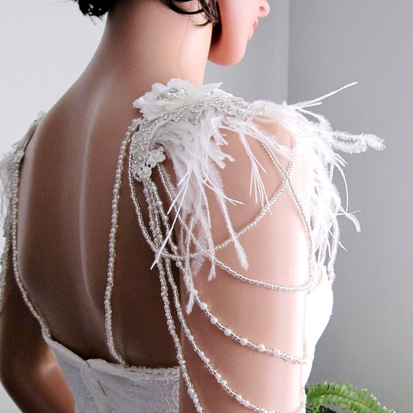 Bridal Gown Pearl Shoulder Jewelry, Handmade Off White Beaded Applique Bridal Epaulettes, Detachable Wedding Dress Straps, Gifts For Her