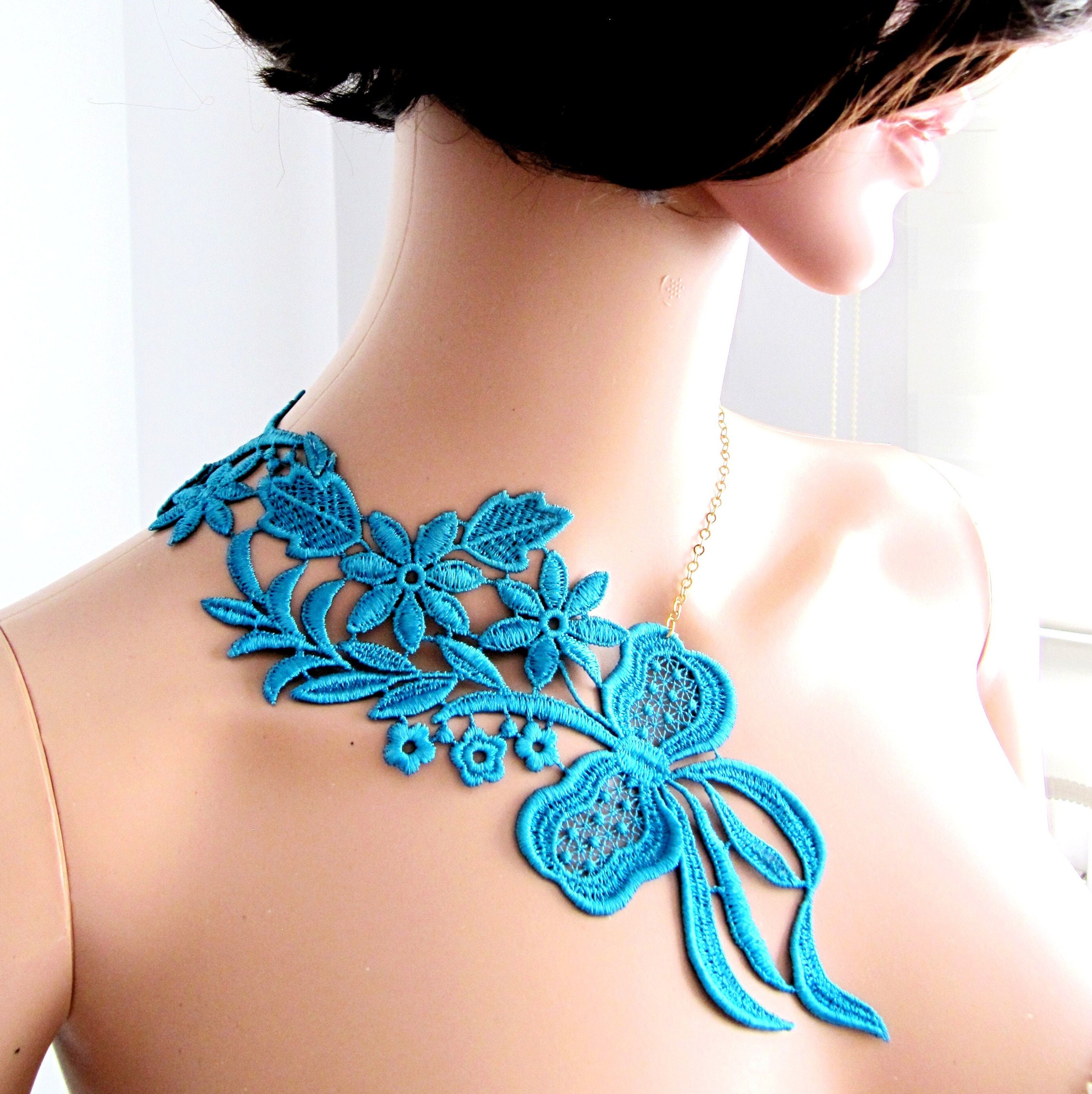 Black Floral Bow Necklace: Handmade Asymmetrical Jewelry 